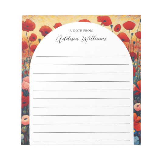 赤いポピー絵画畑の横線パーソナライズされた ノートパッド (正面)