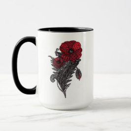 赤いポピー花の植物学的な線画の2トーン コーヒー マグカップ