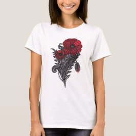赤いポピー花の植物画ラインアート グラフィックTシャツ Tシャツ