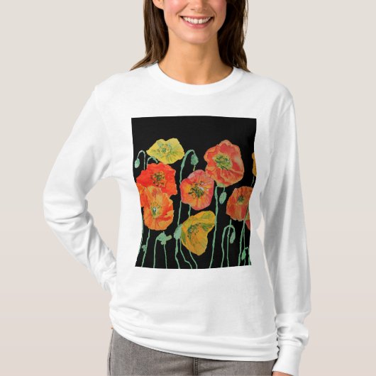 赤いポピー花の水彩アート フラワーパターン T-S Tシャツ (正面)