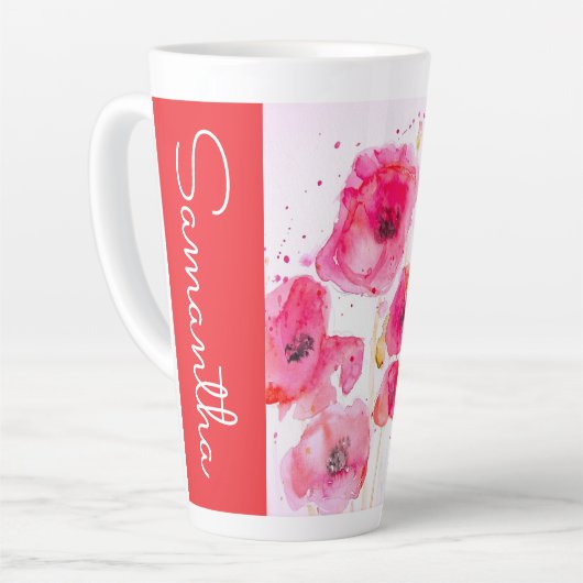 赤いポピー花の水彩画 女性の名前 カフェラテマグ (左アングル)