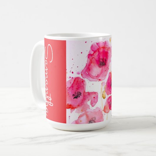 赤いポピー花の水彩画 女性の名前 コーヒーマグカップ (正面左)