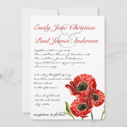 赤いポピー花の結婚式招待状 招待状 (正面)