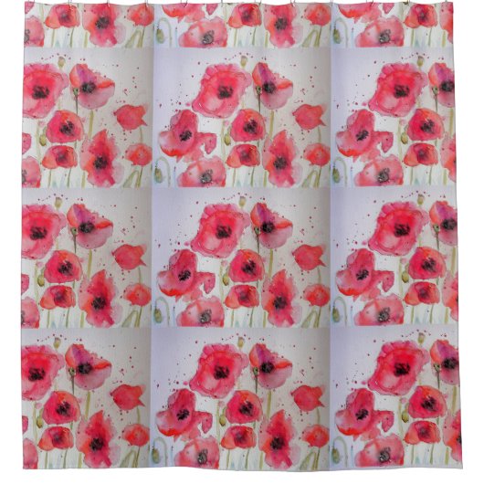赤いポピー花フローラ水色シャワーカーテン シャワーカーテン (正面)