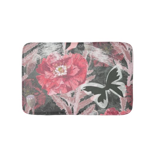 赤いポピー。カラフルな花柄プリント。 バスマット (正面)