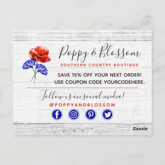 赤いポピー&コーンフラワーの木に感謝素朴 ポストカード (裏面)