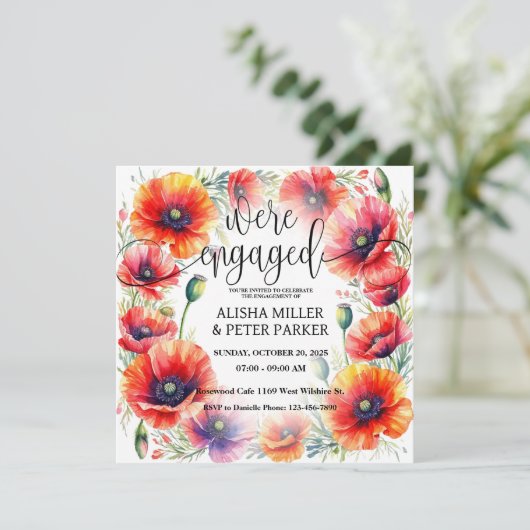  赤いポピー 水彩画エンゲージメントパーティー招待状 セーブザデート (スタンド正面)