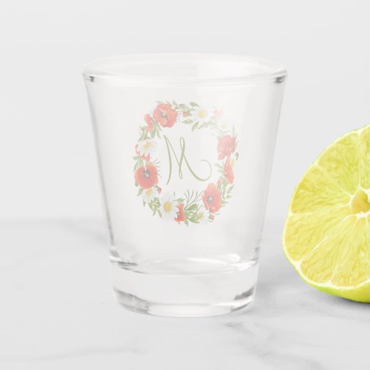 赤いポピー 白い黄色のデイジー 花のリース ショットグラス (裏面)