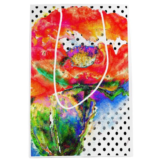 赤いポピー – 白と黒のポルカドット ミディアムペーパーバッグ (正面)