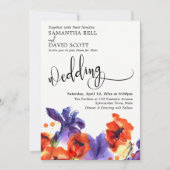 赤いポピー、紫のアイリス 水彩 モダン ウェディング 招待状 (正面)