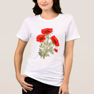 赤いポピー 緑の茎 フラワートリブレンドシャツ トライブレンドTシャツ