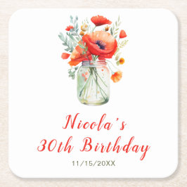 赤いポピー Mason Jar 誕生日 スクエアペーパーコースター