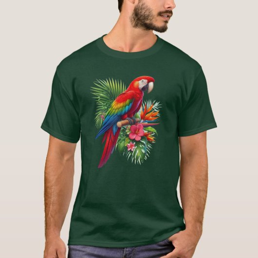 赤いマカオのトロピカルな花 Tシャツ (正面)