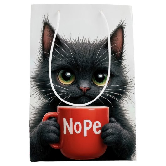 赤いマグカップを持った誕生日の黒猫 ミディアムペーパーバッグ (正面)