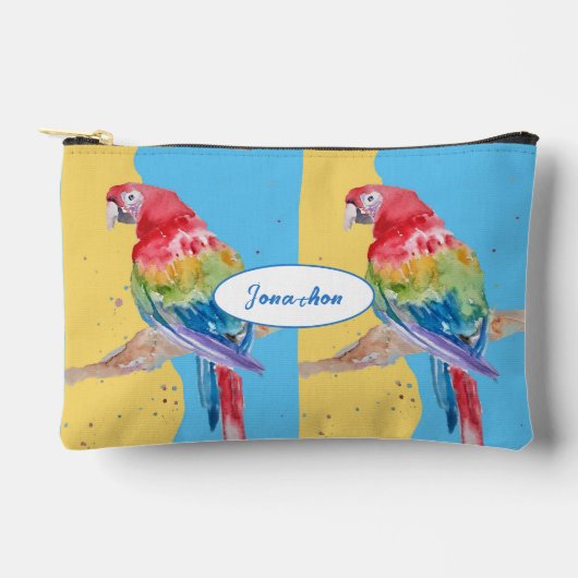 赤いマコワインコの水彩画 鳥の少年 名前 アクセサリーポーチ (正面)