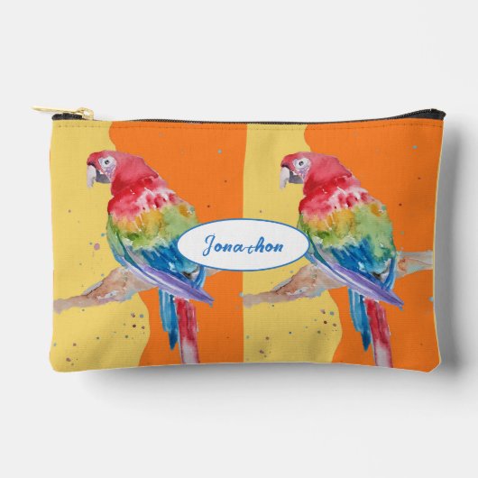 赤いマコワインコの水彩画 鳥の少年 名前 アクセサリーポーチ (正面)