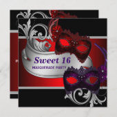 赤いマスクのスイート16マスカレードパーティー 招待状 (正面/裏面)