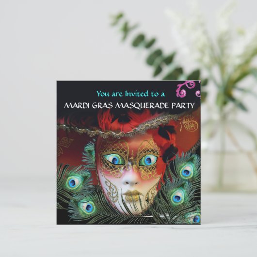 赤いマスク  ペコの羽根 ゴールド マスカレードパーティー 招待状 (スタンド正面)