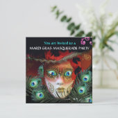 赤いマスク ペコの羽根 ゴールド マスカレード パーティー 招待状 (スタンド正面)