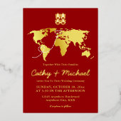赤いマップ宛先ウェディングダブル幸せ 箔招待状 (正面)