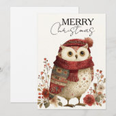 赤いマフラーがおしゃれなコジーな冬のフクロウ シーズンカード (正面/裏面)