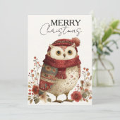 赤いマフラーがおしゃれなコジーな冬のフクロウ シーズンカード (スタンド正面)