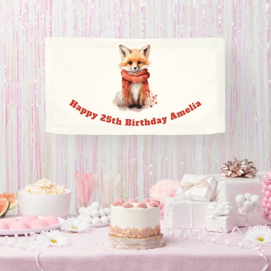 赤いマフラーのかわいい子ギツネの誕生日 横断幕 (パーティー)