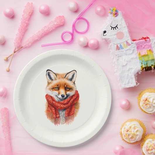 赤いマフラーのかわいい狐の秋の画像 ペーパープレート (パーティー)