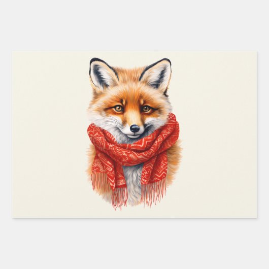 赤いマフラーのかわいい狐の秋の画像 ラッピングペーパーシート (正面)