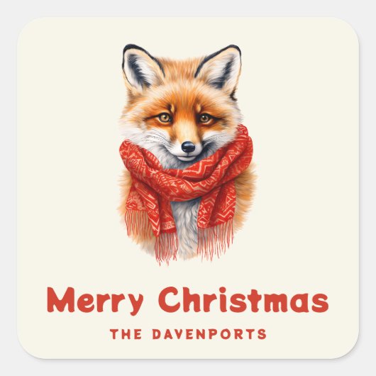 赤いマフラーのかわいい狐 冬のクリスマス スクエアシール (正面)