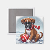 赤いマフラーのマグネットを着たボクサーの子犬 マグネット (正面/裏面)
