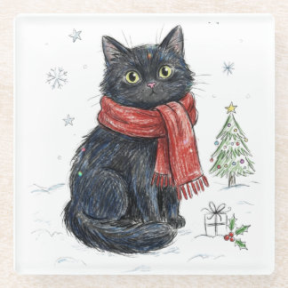 赤いマフラー姿のキュートな黒猫 クリスマスツリー 冬 ガラスコースター