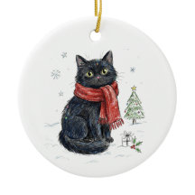 赤いマフラー姿のキュートな黒猫 クリスマスツリー 冬