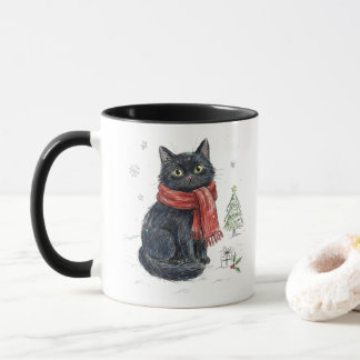 赤いマフラー姿のキュートな黒猫 クリスマスツリー 冬 マグカップ