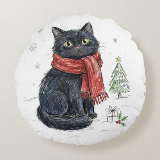 赤いマフラー姿のキュートな黒猫 クリスマスツリー 冬 ラウンドクッション