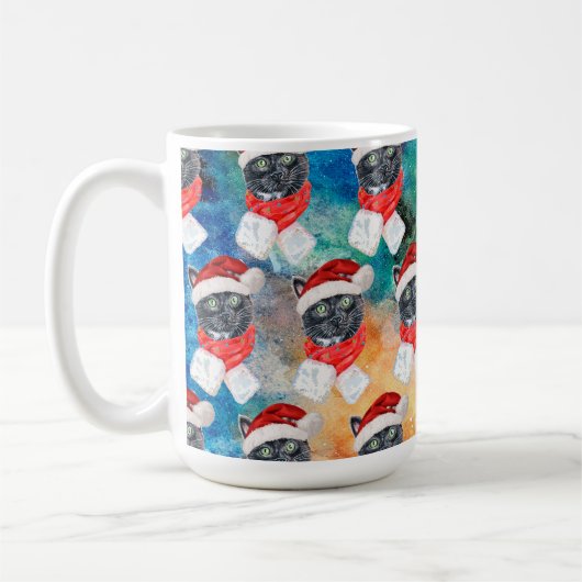 赤いマフラー姿の黒猫の面白いクリスマス コーヒーマグカップ (左)