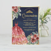 赤いマルサラの花のドレス ネイビー ゴールドのキンセアニエラ 招待状 (スタンド正面)