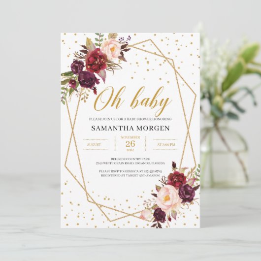 赤いマルサラ金ゴールド幾何学的フレーム赤ちゃんシャワー 招待状 (スタンド正面)