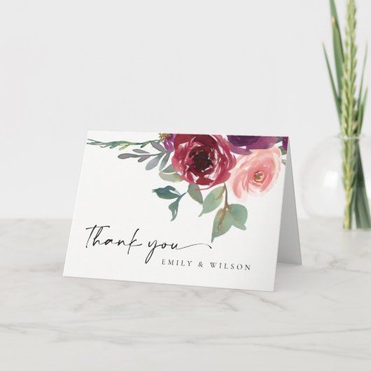 赤いマルサラ ブラッシュ ローズ フローラル ウォーターカラー ウェディング サンキューカード (正面)
