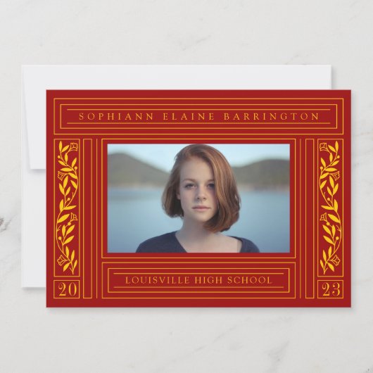 赤いマルーンと金ゴールドの卒業写真 案内状 (正面)