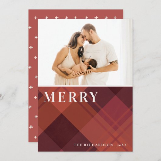 赤いマルーンのマルサラの格子模様1写真メリークリスマス シーズンカード (正面/裏面)