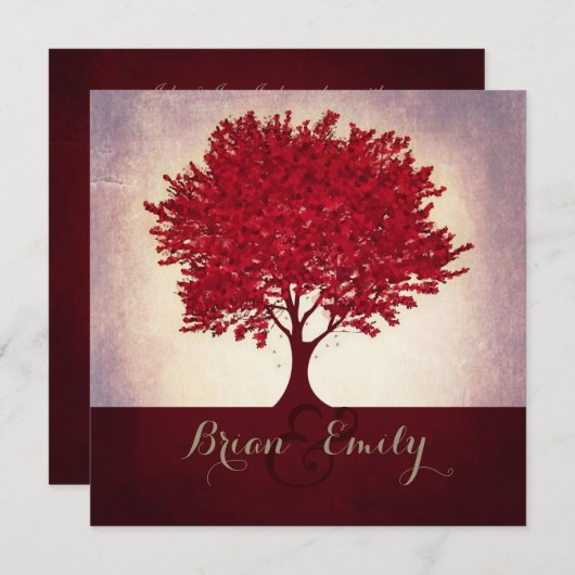 赤いマルーン葉ハートの木の結婚式招待状 招待状 (正面/裏面)