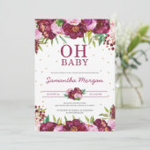 赤いマルーン赤面ピンクのフローラガールオベイビーシャワー 招待状 (スタンド正面)