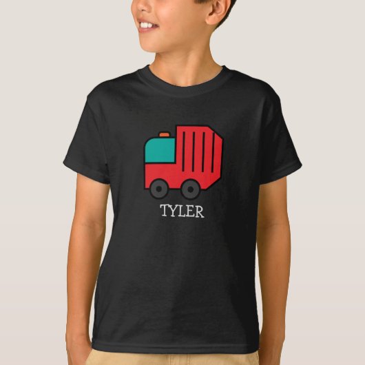 赤いマンガのゴミ/リサイクルトラックと子供の名前 Tシャツ (正面)