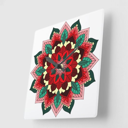 赤いマンダラ スクエア壁時計 (傾斜)