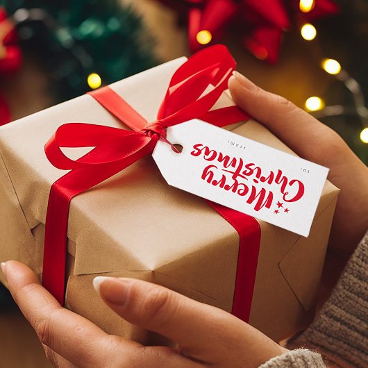 赤いミニマルかわいいフォントメリークリスマスから ギフトタグ