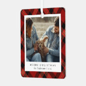 赤いミニマルプエレガントライドクリスマスカップルの写真 メタルオーナメント (正面左)