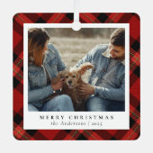 赤いミニマルプエレガントライドクリスマスカップルの写真 メタルオーナメント (正面)