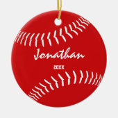 赤いミニマル緑の野球ソフトボール セラミックオーナメント (正面)