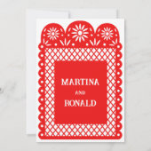 赤いメキシコの紙の装飾（papel picado）を使った結婚式の招待状 案内状 (裏面)